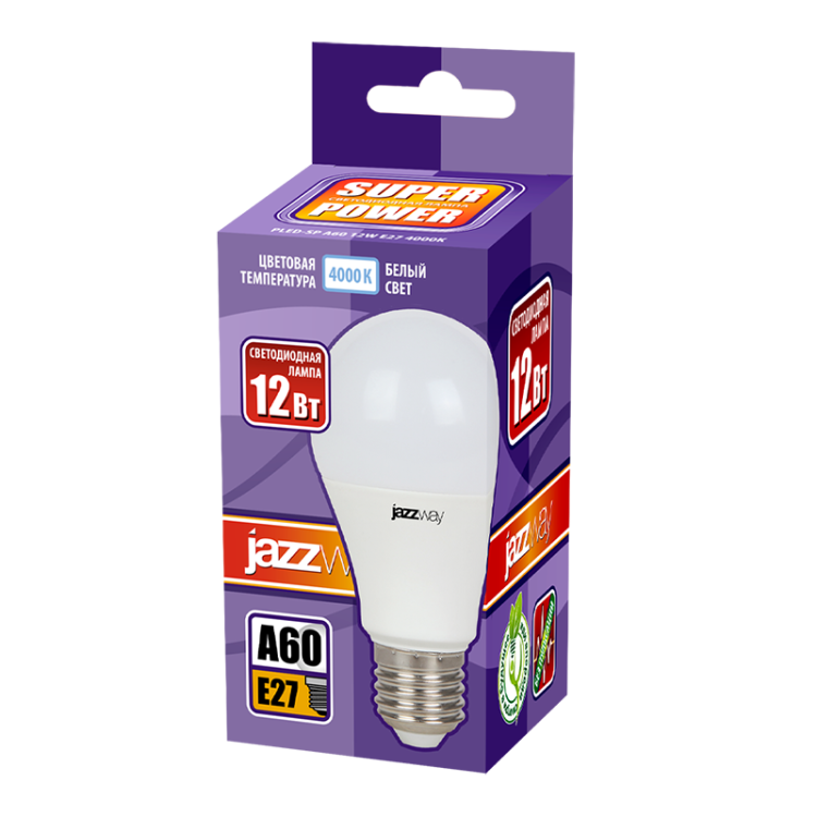 Лампа светодиод. (LED) Груша A60 Е27 12Вт 4000К 1080лм 230В матов. Jazzway