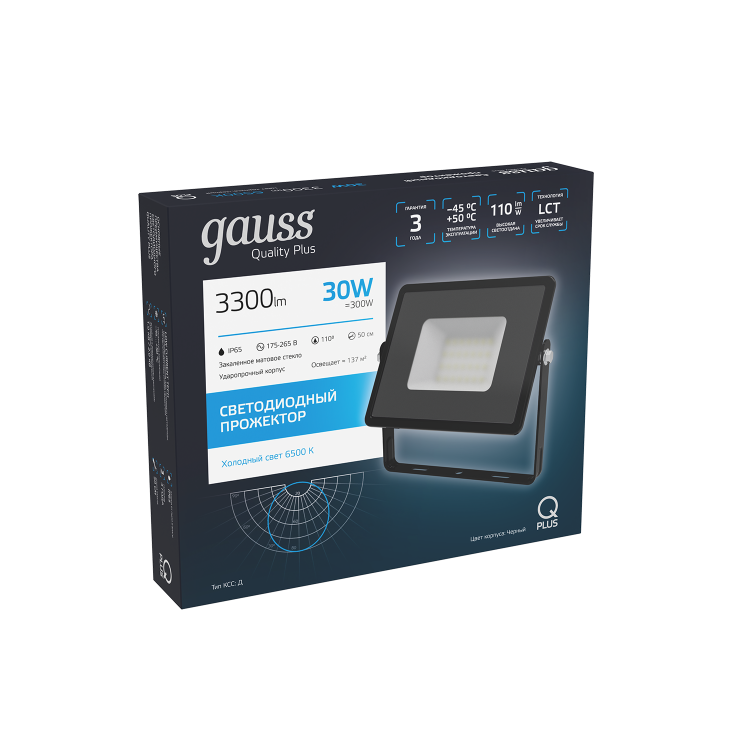 Прожектор (LED) 30Вт 2700лм 6500К IP65 черн. Qplus GAUSS