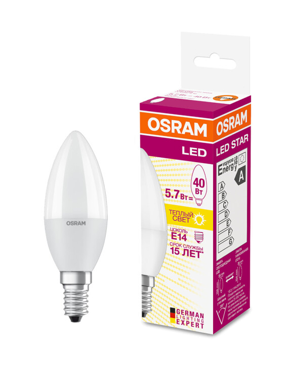 Лампа светодиод. (LED) Свеча Е14  5,5Вт 2700К 470лм 230В матов. OSRAM