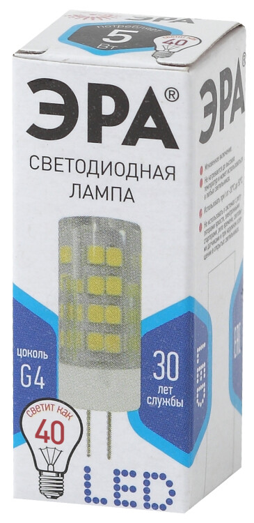 Лампа светодиод. (LED) Капсула G4 5Вт 4000К 400лм 230В кукуруза прозр. ЭРА