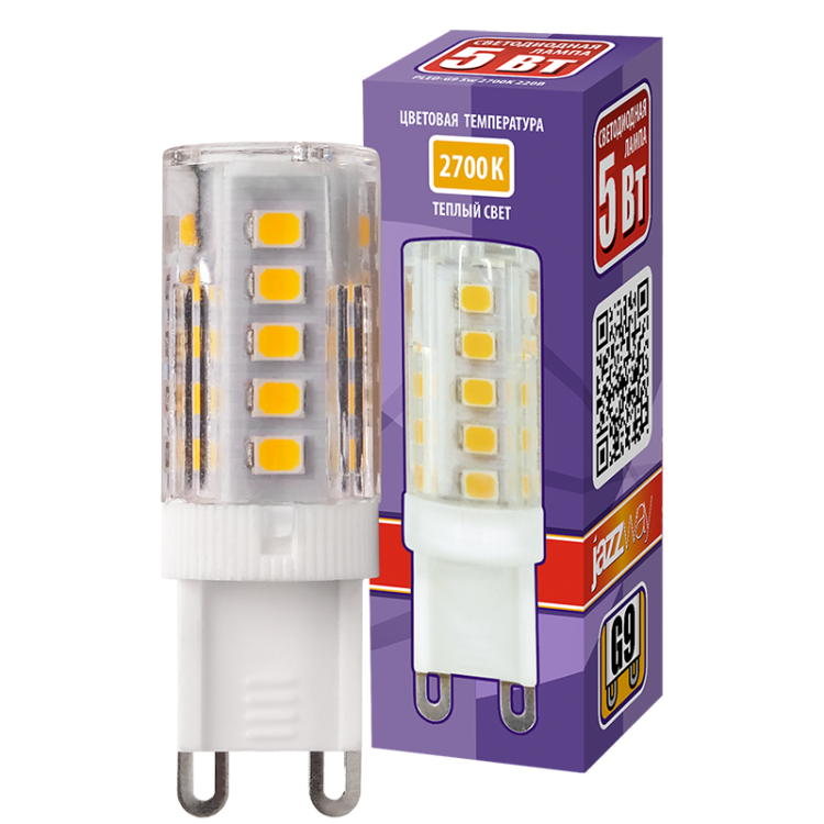 Лампа светодиод. (LED) Капсула G9  5Вт 2700К 300лм 230В прозр. Jazzway