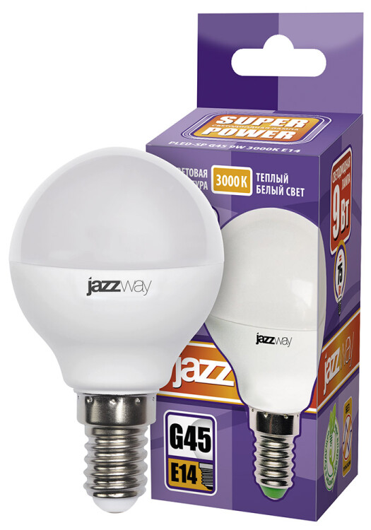 Лампа светодиод. (LED) Шар Е14  9Вт 3000К 820лм 230В матов. Jazzway