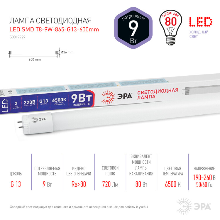 Лампа светодиод. (LED) трубч. T8  600мм G13  9Вт 6500К 720лм 230В (2-ст. вкл.) матов. ЭРА