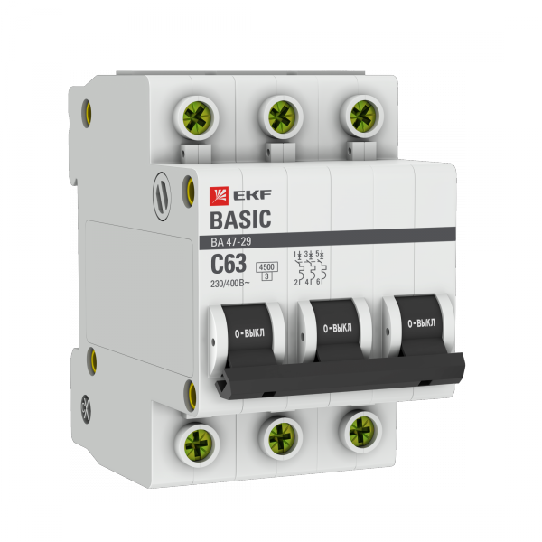 Выключатель автомат. 3-пол. (3P)  63А C  4,5кА ВА47-29 Basic EKF