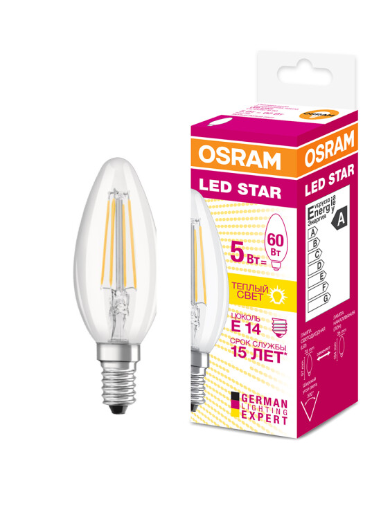 Лампа светодиод. (LED) Свеча Е14 филам.  5Вт 2700К 660лм 230В прозр. OSRAM