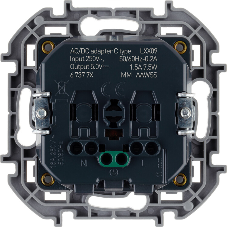 Розетка 1-я (мех. с накл.) С/У с з/к (2P+E) 16А + USB (тип C 1,5А 5В) антрацит, самозаж. Inspiria