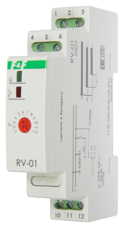 Реле времени с задержкой включения RV-01, 1-12 с.;10-120 с.;100-1200 с , конт. 1Р, на DIN-рейку, 16А