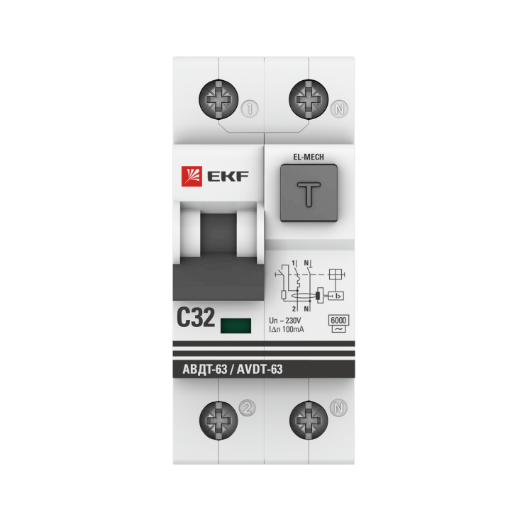 Дифф. автомат (АВДТ) 2-пол. (2P) 32А C 100мА тип АC 6кА эл-мех. АВДТ-63 EKF PROxima