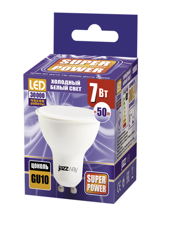 Лампа светодиод. (LED) MR16 GU10  7Вт 5000К 520лм 230В матов. Jazzway