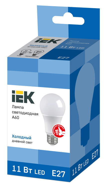 Лампа светодиод. (LED) Груша A60 Е27 11Вт 6500К 990лм 230В матов. IEK