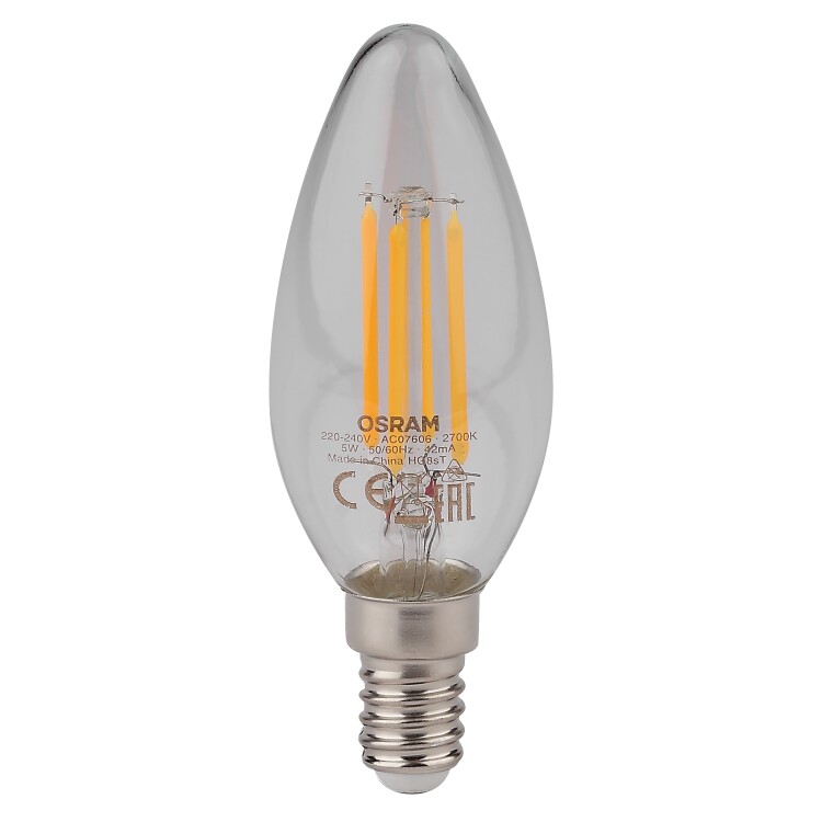 Лампа светодиод. (LED) Свеча Е14 филам.  5Вт 2700К 660лм 230В прозр. OSRAM