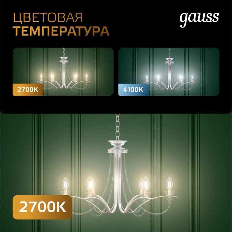 Лампа светодиод. (LED) Шар Е27 филам.  7Вт 2700К 550лм 230В прозр. Gauss