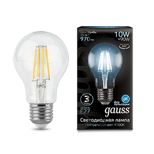 Лампа светодиод. (LED) Груша A60 Е27 филам. 10Вт 4100К 970лм 230В прозр. Gauss