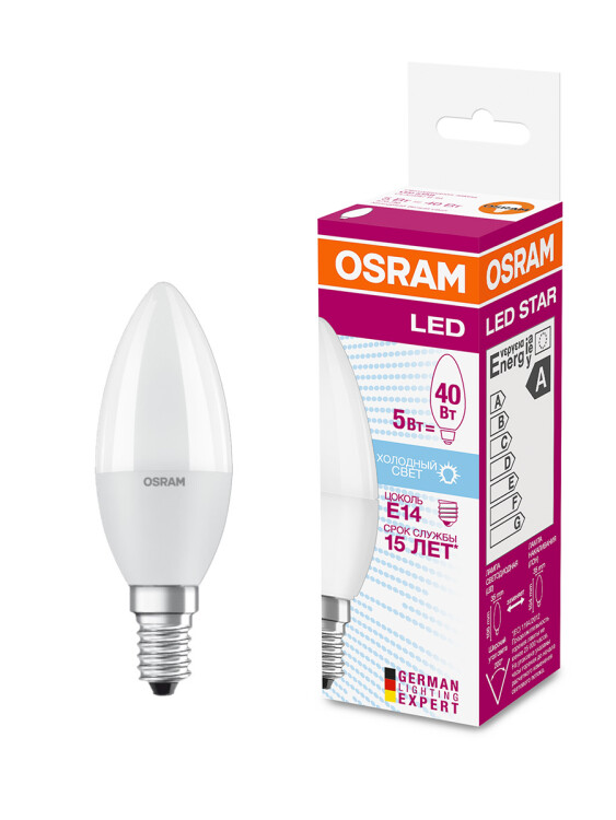 Лампа светодиод. (LED) Свеча Е14  5,5Вт 4000К 470лм 230В матов. OSRAM