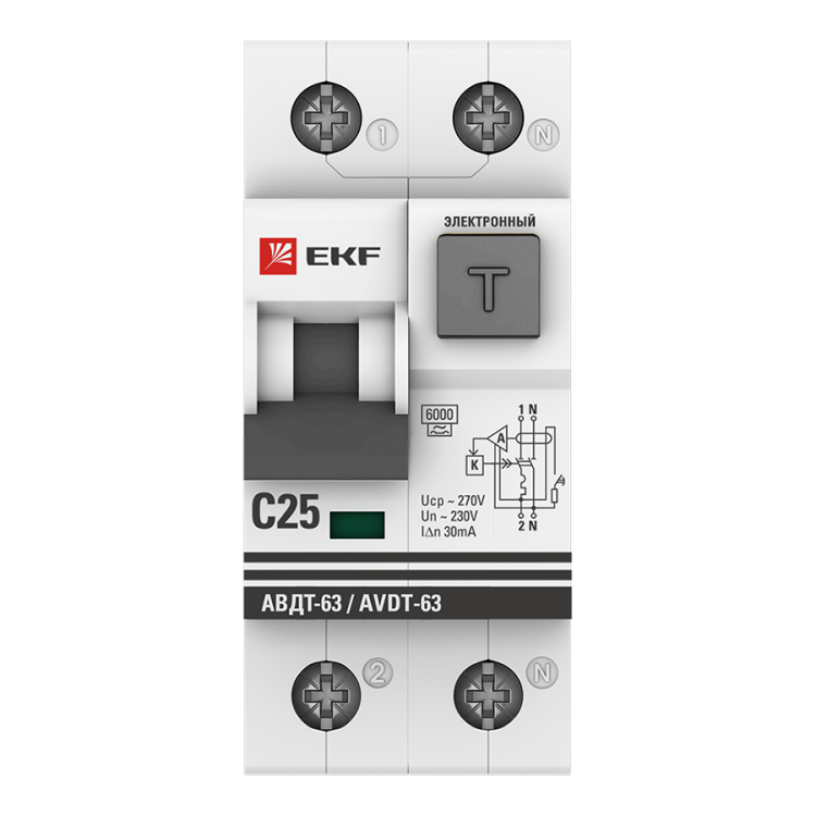 Дифф. автомат (АВДТ) 2-пол. (1P+N)  25А C  30мА тип А  6кА электр. АВДТ-63 EKF PROxima